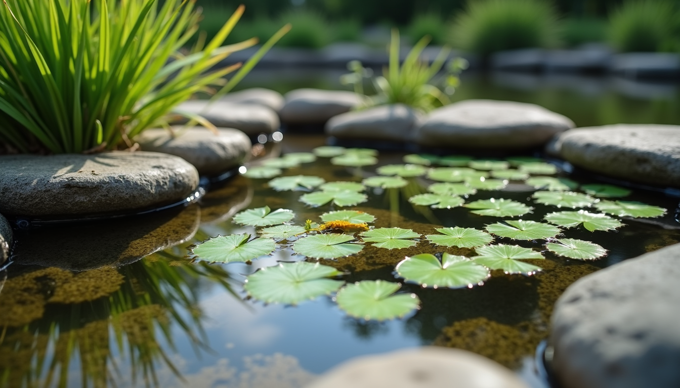 Close-up view of a backyard pond with aquatic plants and stones