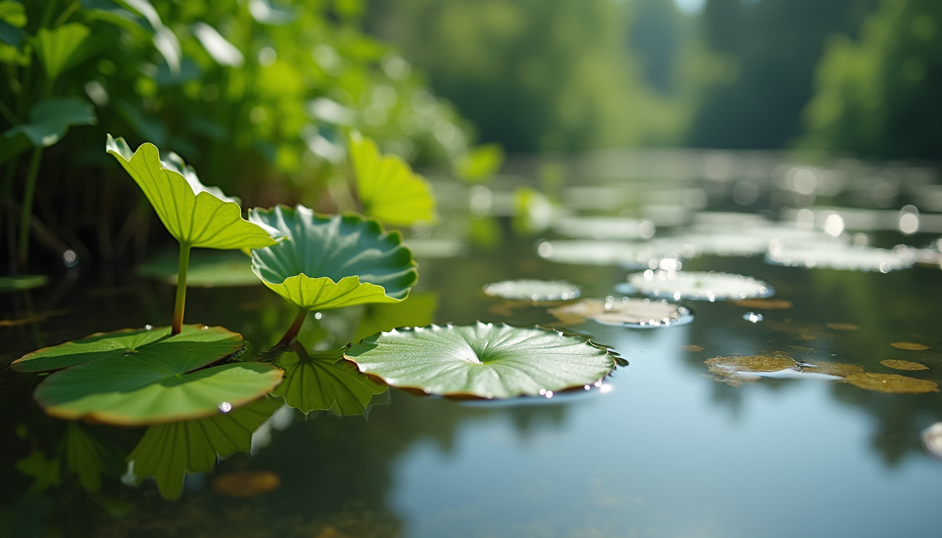 Close-up view of a pond with aquatic plants and clear water