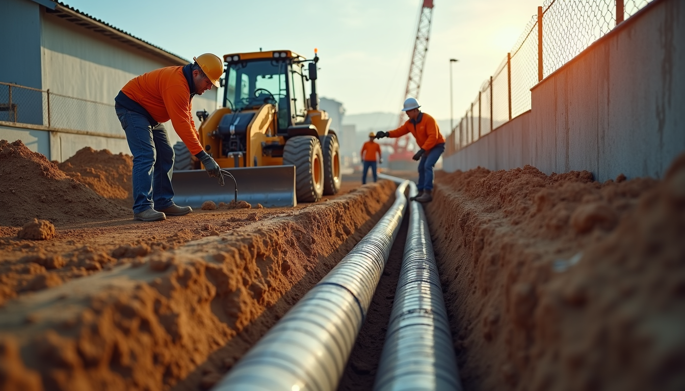 Wide angle view of a team installing drainage pipes on a construction site