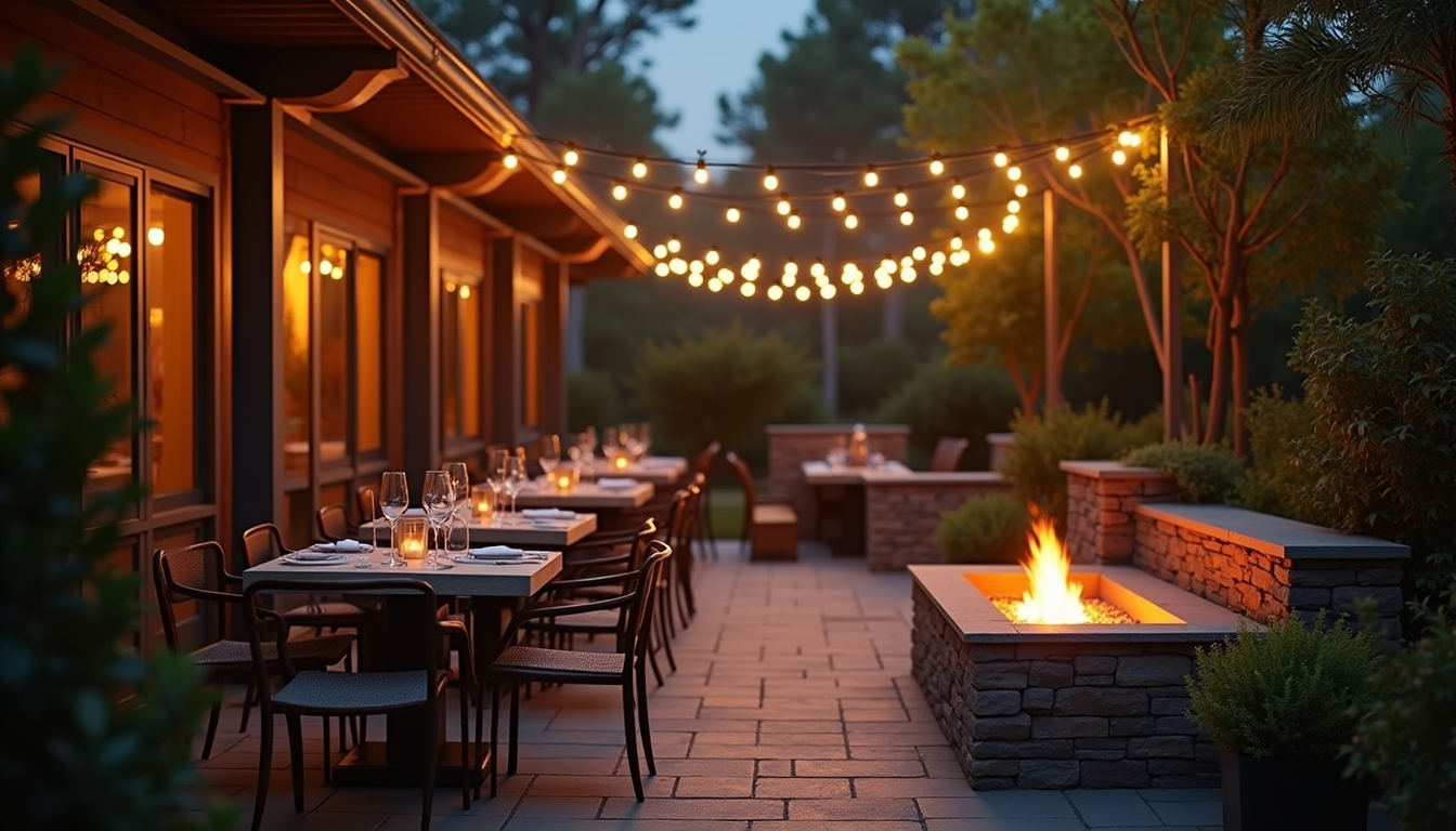 High angle view of an outdoor dining area with string lights and a fire pit