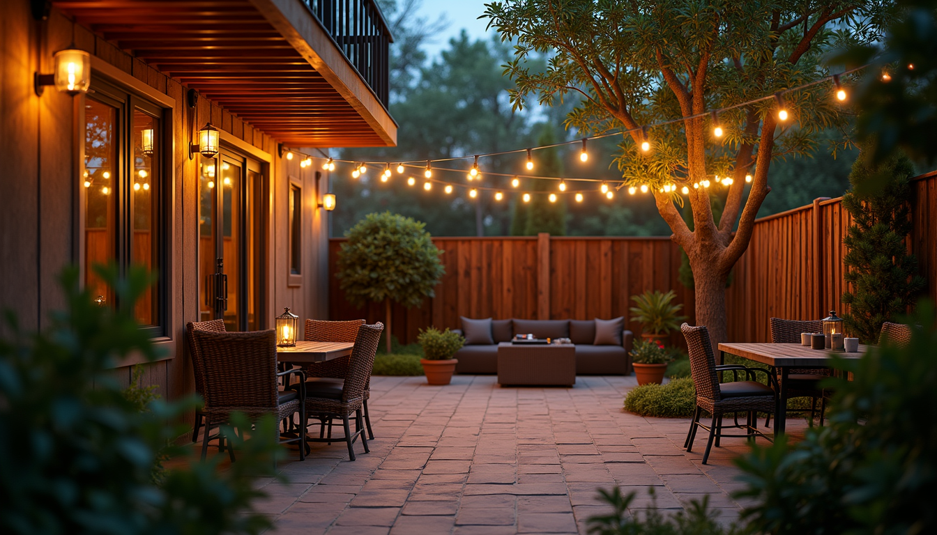 Wide angle view of a backyard patio with string lights and spotlights on trees