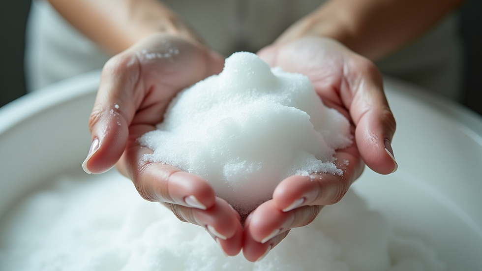 High angle view of hands creating foam with solid shampoo