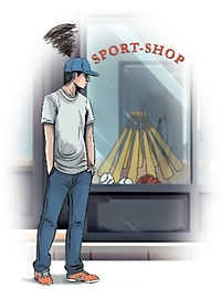 Mann sieht sich Baseballschläger in einem Schaufenster an