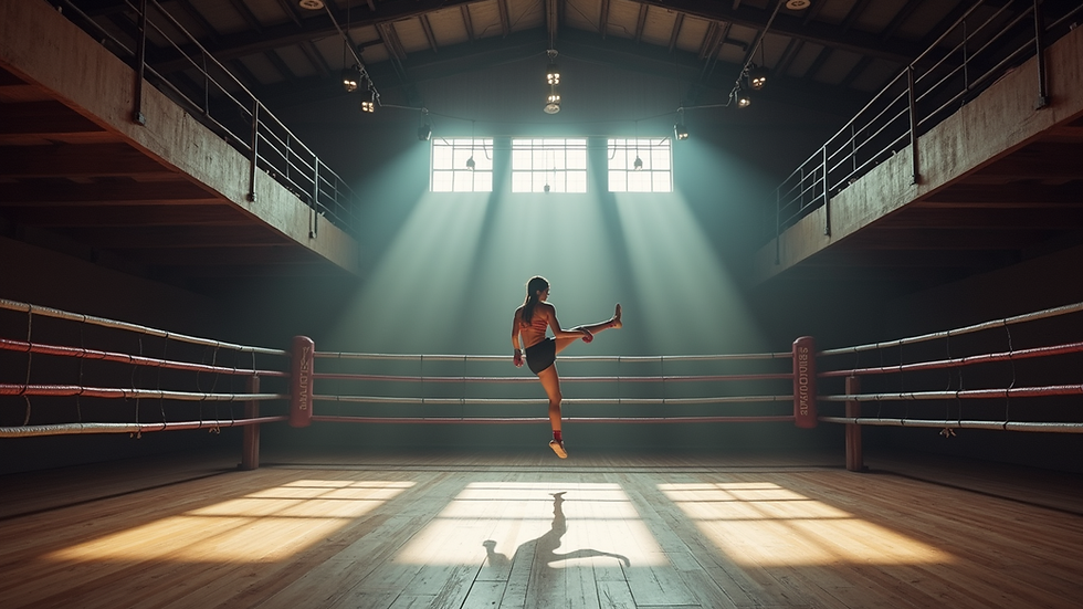 Vue en plongée d’un ring de muay thaï vide dans une salle d’entraînement