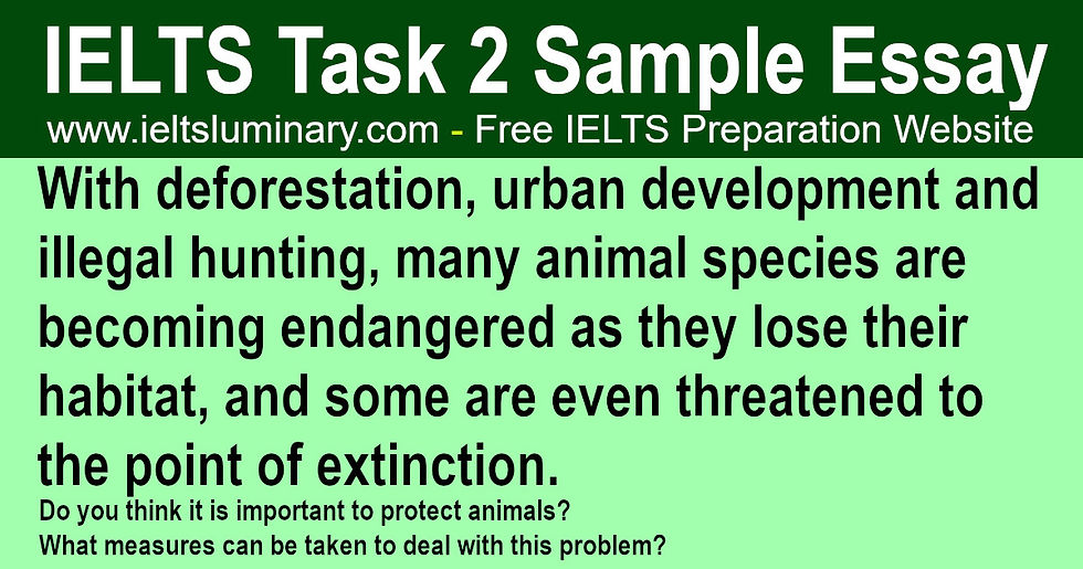 With deforestation, urban development and illegal hunting, many animal species are becoming endangered as they lose their habitat - IELTS Task 2 Band 9 Sample Essay