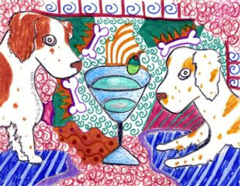 A couple of Brittany Spaniels having a martini.