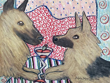 An artist's oil pastel painting featuring a pair of Belgian Tervurens sharing a martini on a modern pattern colorful background.