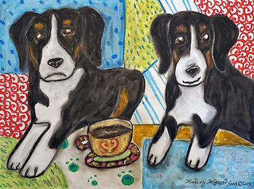 An oil pastel painting of two Appenzeller Sennenhundes sharing a cup of coffee.