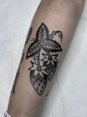 Strawberry Strawberries American Traditional Tattoo Trad Tattoo Black and Grey by Erik Jeffrey. Death Proof Tattoo and Barber. Whistler, BC. Pemberton, Squamish, Vancouver Canada. Tattoo Studio. Tattoo Shop. Barber Shop. Tattoo Artist. Professional Services.