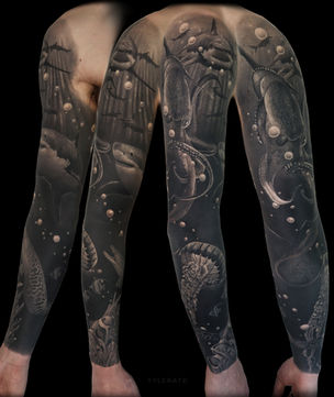 Underwater Ocean Realistic Blackout Arm Sleeve Octopus Shark Jellyfish by TylerATD Death Proof Tattoo and Barber. Whistler, BC. Pemberton, Squamish, Vancouver Canada. Tattoo Studio Shop Barber Shop. Tattoo Artist. Professional Services. TylerATD