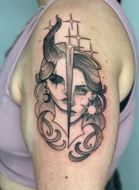 Angel Devil Sun Moon Fantasy Magic Floral Blackwork Dotwork Feminine Female by Audrey May. Death Proof Tattoo and Barber.  Whistler, BC. Pemberton, Squamish, Vancouver Canada. Tattoo Studio. Tattoo Shop. Barber Shop. Tattoo Artist. Professional Services.  