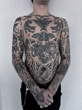 Torso Hand Chest Arm Sleeve American Traditional Tattoo Trad Tattoo Black and Grey by Erik Jeffrey. Death Proof Tattoo and Barber. Whistler, BC. Pemberton, Squamish, Vancouver Canada. Tattoo Studio. Tattoo Shop. Barber Shop. Tattoo Artist. Professional Services.