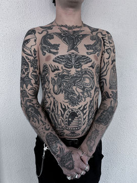 Torso Hand Chest Arm Sleeve American Traditional Tattoo Trad Tattoo Black and Grey by Erik Jeffrey. Death Proof Tattoo and Barber. Whistler, BC. Pemberton, Squamish, Vancouver Canada. Tattoo Studio. Tattoo Shop. Barber Shop. Tattoo Artist. Professional Services.