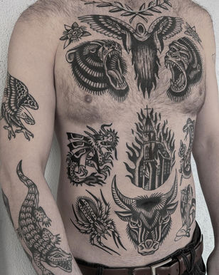 Torso Chest Arm Sleeve Stomach American Traditional Tattoo Trad Tattoo Black and Grey by Erik Jeffrey. Death Proof Tattoo and Barber. Whistler, BC. Pemberton, Squamish, Vancouver Canada. Tattoo Studio. Tattoo Shop. Barber Shop. Tattoo Artist. Professional Services.
