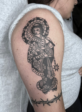 Geisha American Traditional Tattoo Trad Tattoo Black and Grey by Erik Jeffrey. Death Proof Tattoo and Barber. Whistler, BC. Pemberton, Squamish, Vancouver Canada. Tattoo Studio. Tattoo Shop. Barber Shop. Tattoo Artist. Professional Services.