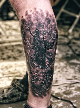 Frank Frazetta Warrior Fantasy Black and Grey Tattoo by TylerATD Death Proof Tattoo and Barber. Whistler, BC. Pemberton, Squamish, Vancouver Canada. Tattoo Studio Shop Barber Shop. Tattoo Artist. Professional Services. TylerATD