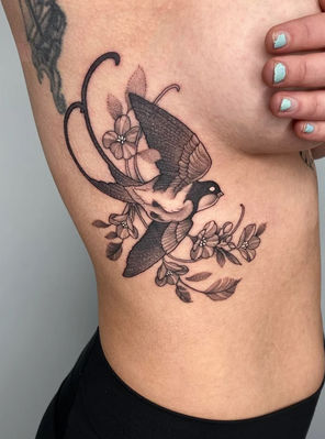 Bird Sparrow Fantasy Magic Floral Blackwork Dotwork Feminine Female by Audrey May. Death Proof Tattoo and Barber.  Whistler, BC. Pemberton, Squamish, Vancouver Canada. Tattoo Studio. Tattoo Shop. Barber Shop. Tattoo Artist. Professional Services.  