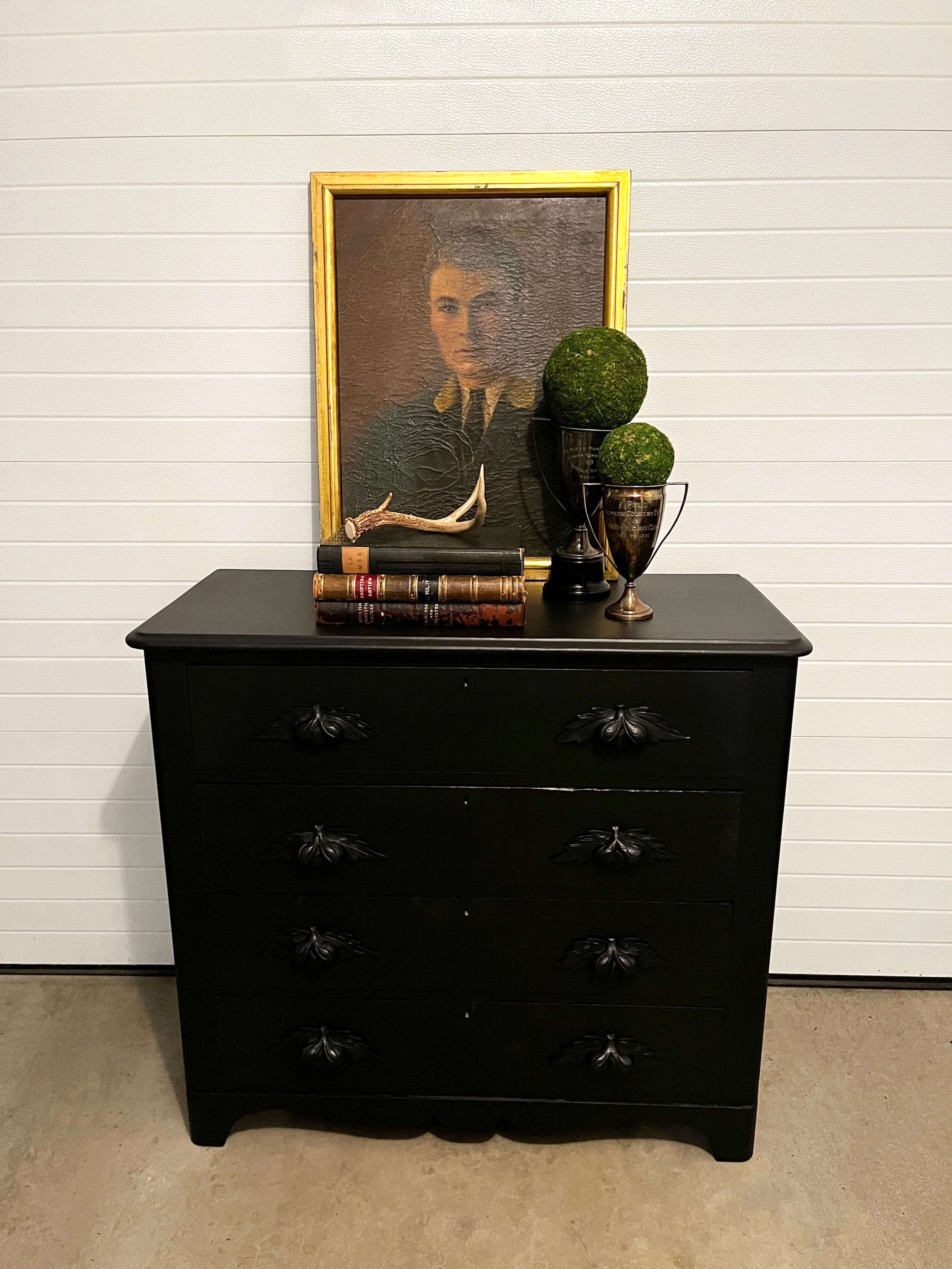 Antique Painted Black Four Drawer Chest