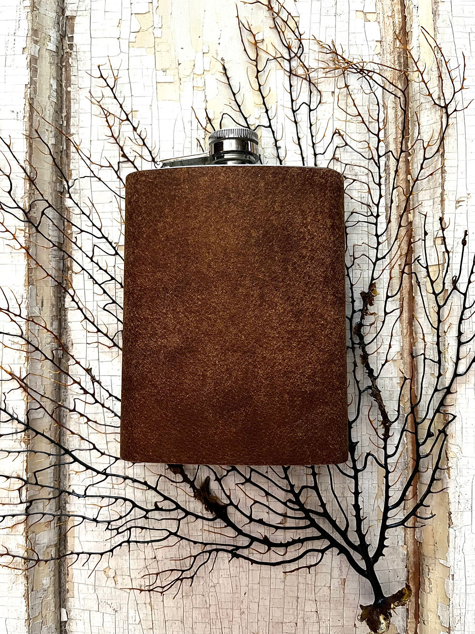 Classic 8oz Flask, Custom Wrapped in Repurposed Leather, Brown Leather