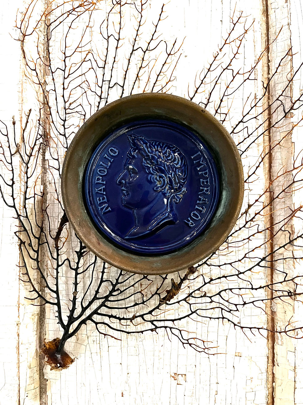 Thumbnail: Antique Napoleon Medal Set in Bronze Bowl with Blue Ceramic Portrait