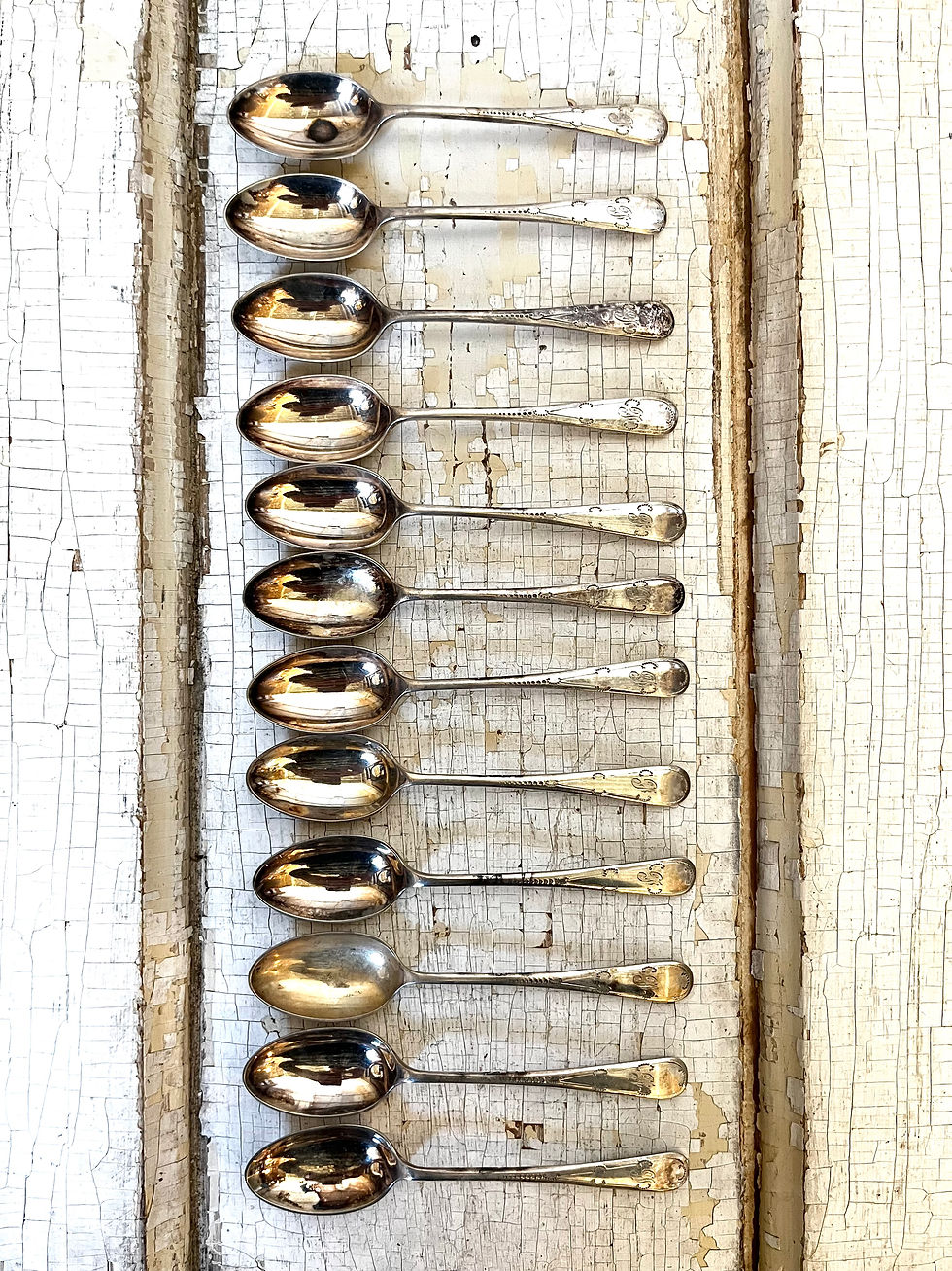 Thumbnail: Antique Set of 12 Monogrammed Metal English Coffee Spoons