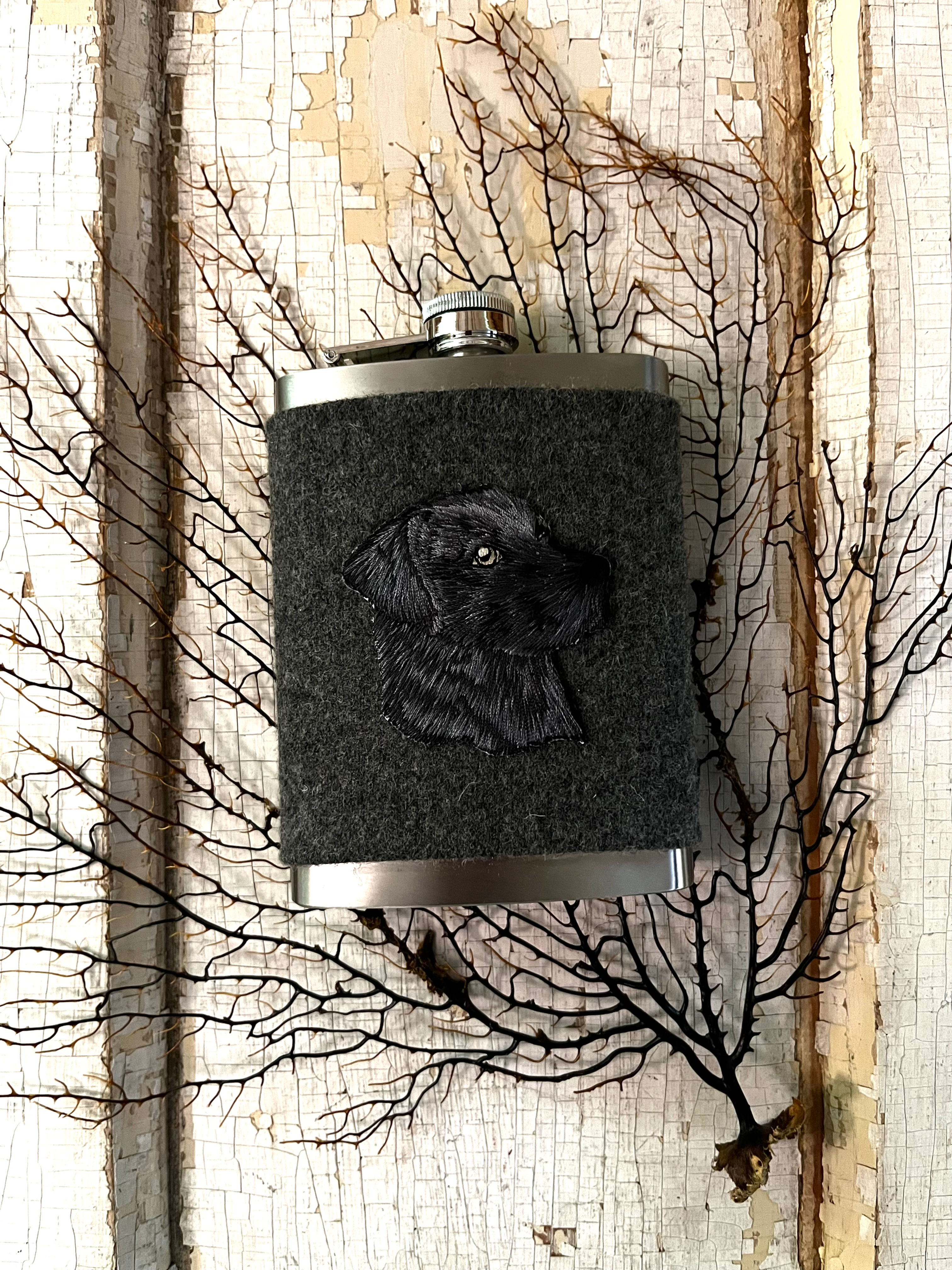 Classic 8oz Flask, Custom Wrapped in Repurposed Fabric, Black Lab