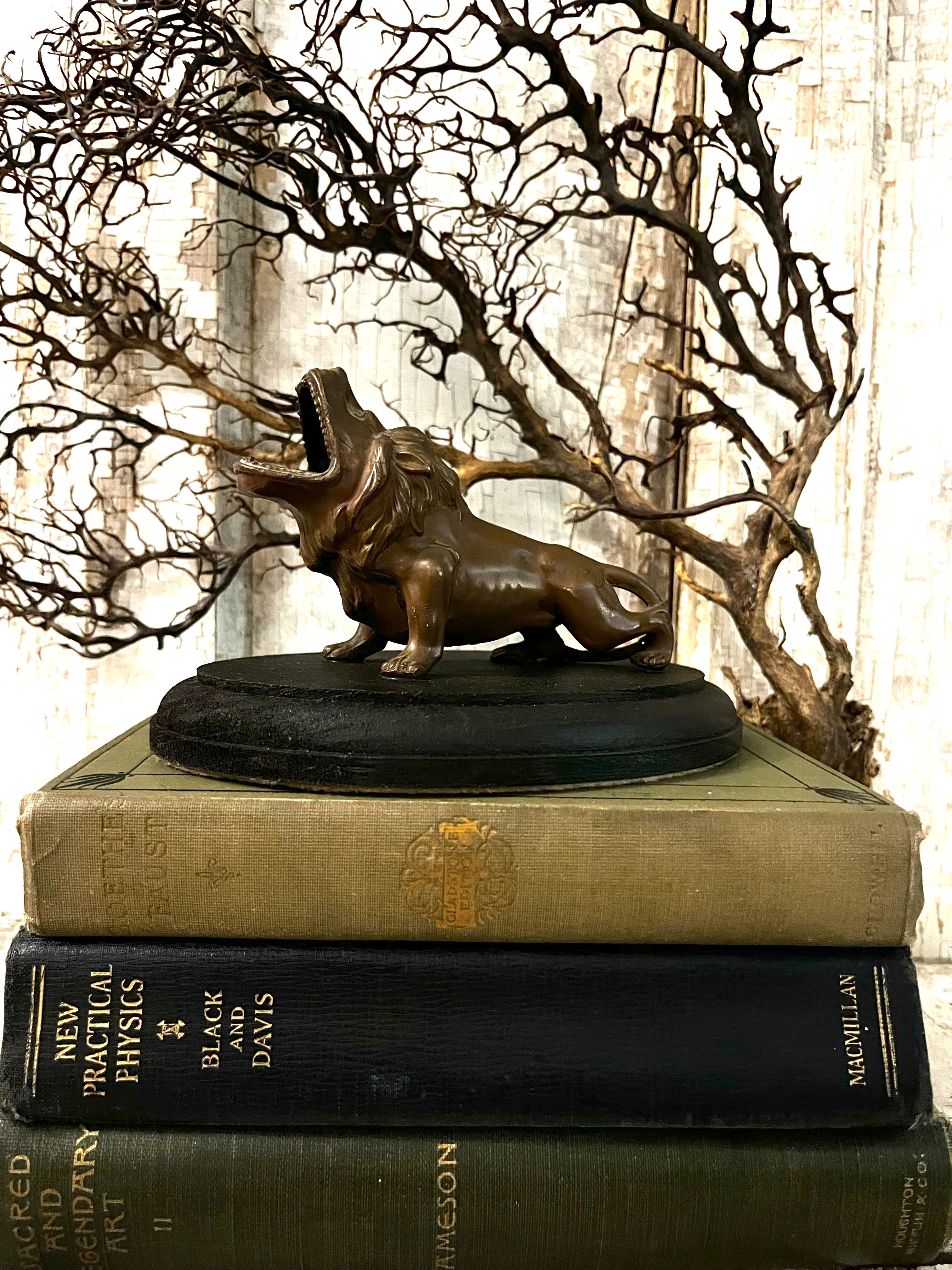 Antique Jennings Brothers Bronze Lion Cigar Rest/Snuffer on Wooden Base