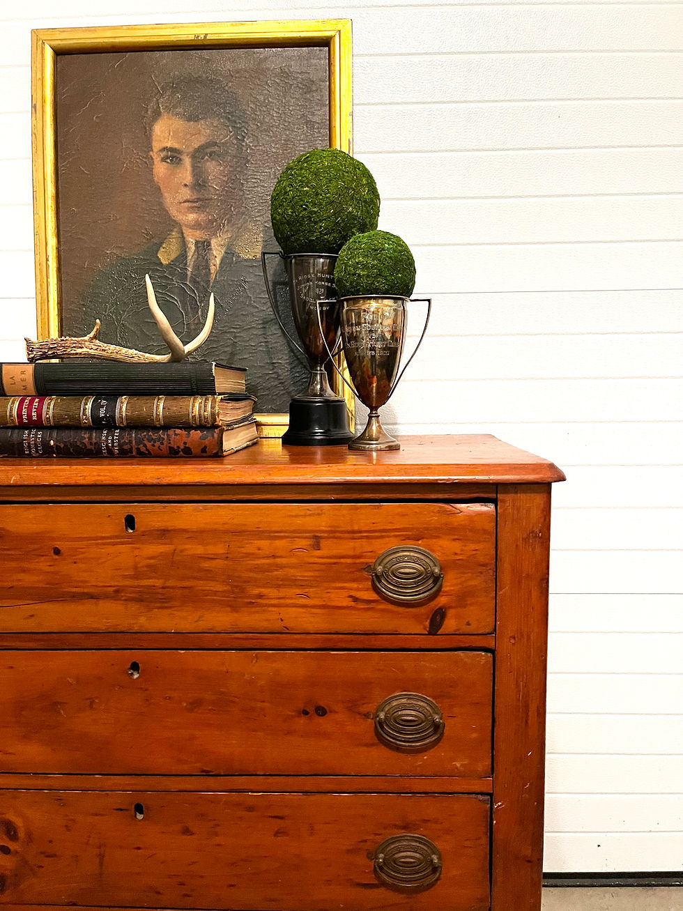 Thumbnail: Antique Stained Pine Four Drawer Chest with Decorative Metal Drawer Handles