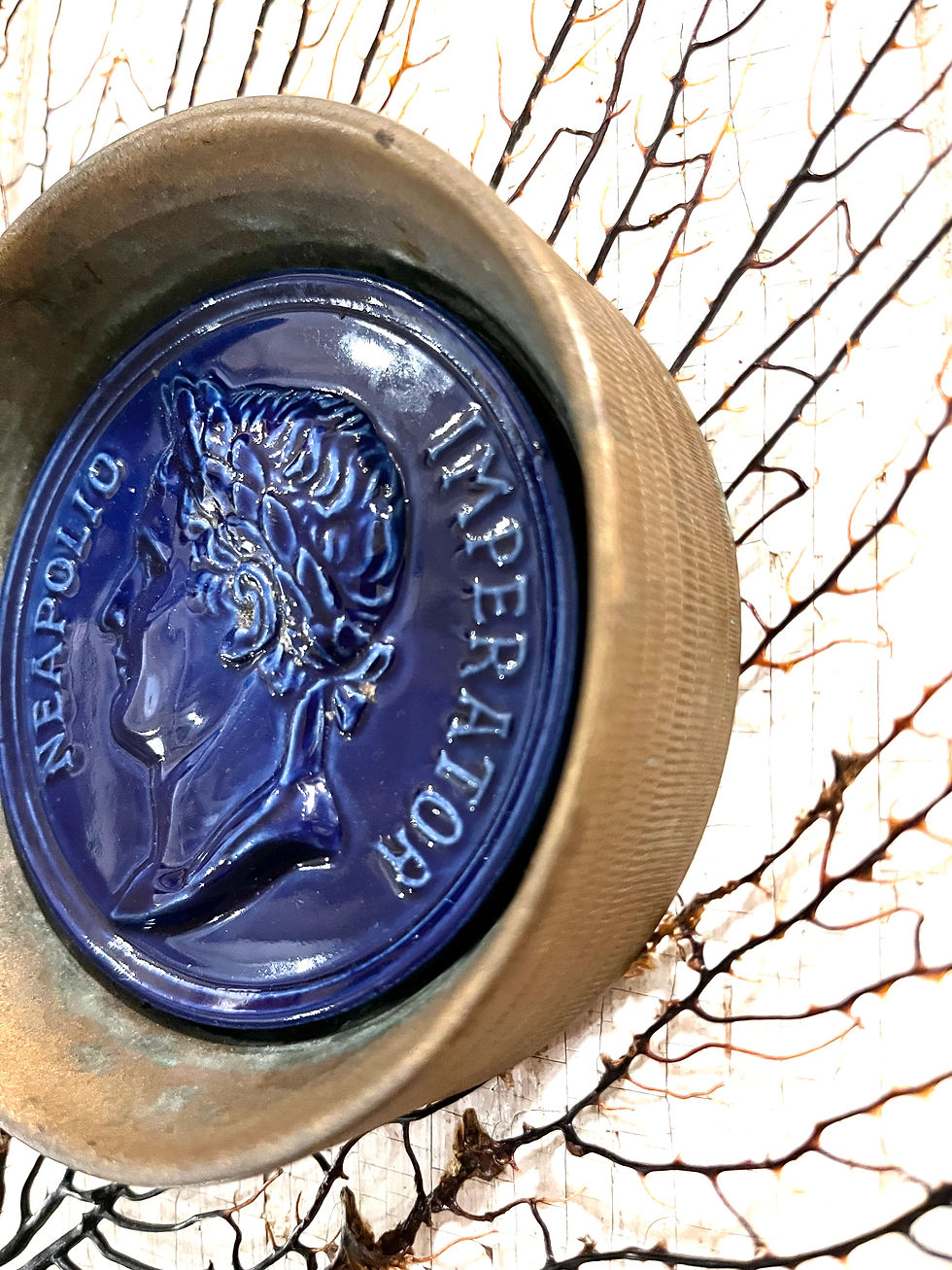 Thumbnail: Antique Napoleon Medal Set in Bronze Bowl with Blue Ceramic Portrait