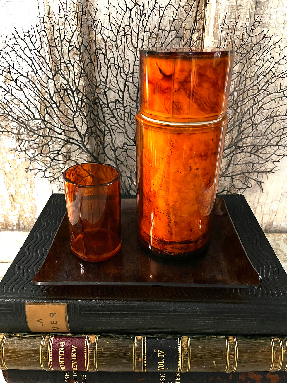 Vintage Tort Plastic Set of Three Barware - Thermos, Cup & Tray - Display Only