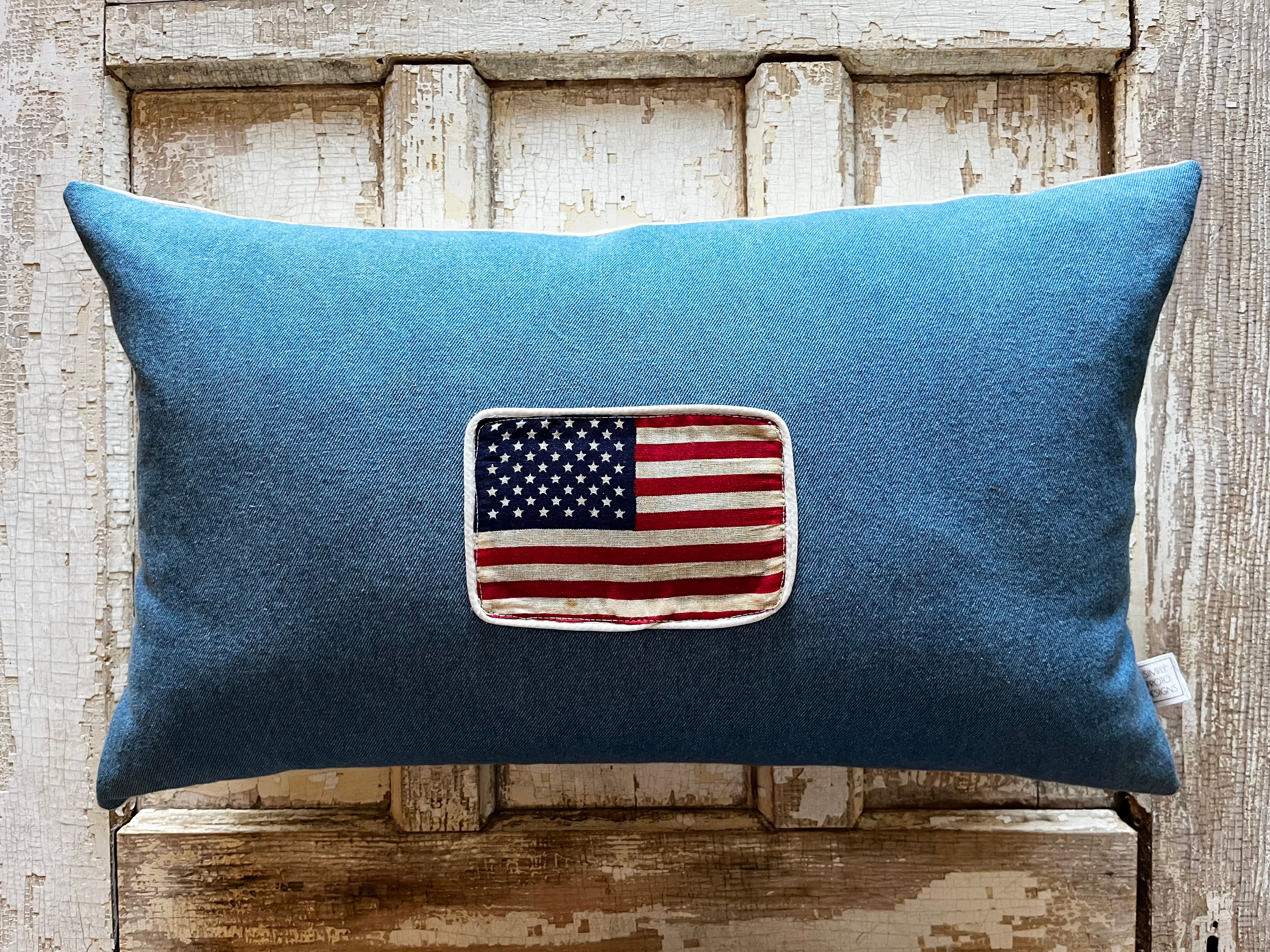 Classic Handcrafted Flag Pillow, Repurposed Materials and Feather Blend Inserts