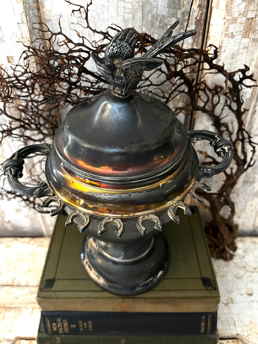 Thumbnail: Vintage Silver Plate Lidded Vessel with Bird Finial