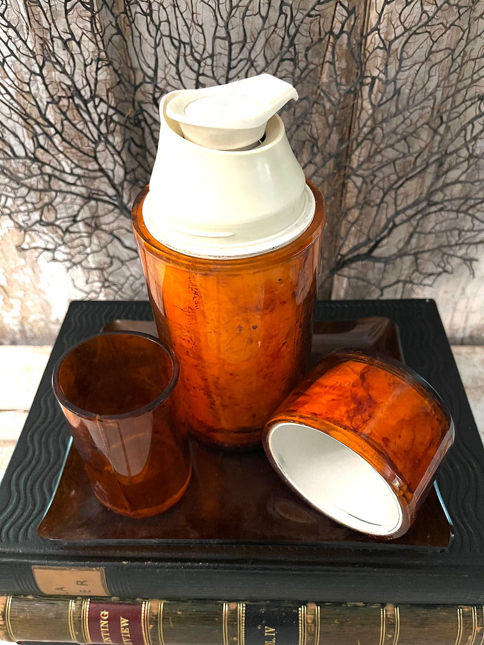 Thumbnail: Vintage Tort Plastic Set of Three Barware - Thermos, Cup & Tray - Display Only