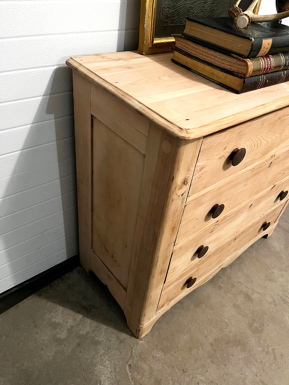 Thumbnail: Antique Scrubbed Pine Four Drawer Chest with Darkened Knobs