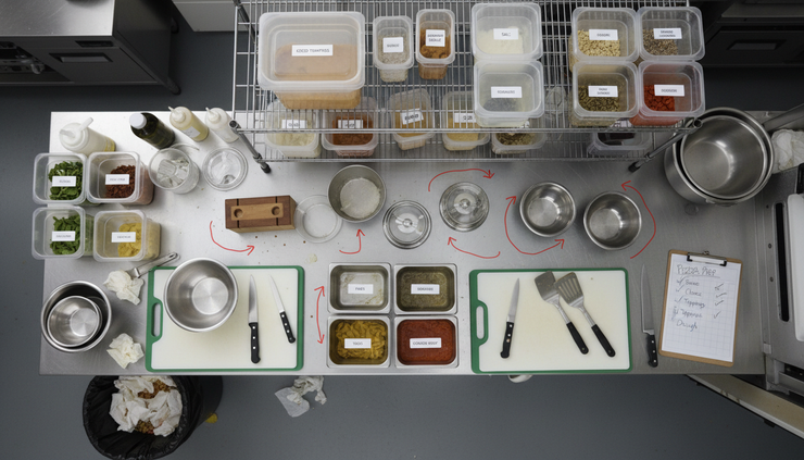 Overhead view of a kitchen prep station with labeled containers arranged out of sequence.