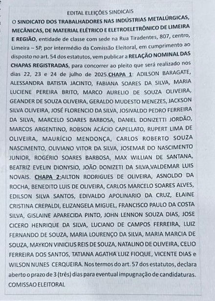 EDITAL ELEIÇÕES SINDICAIS 
