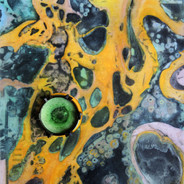 ©2018 Janet Maher, Mapping the Invisible #5 Redux: Ignimbrite Microbials, mm drawing & painting w.attachment; image size: 13.75" x 12" x .75"; framed 20" x 18" x 2"