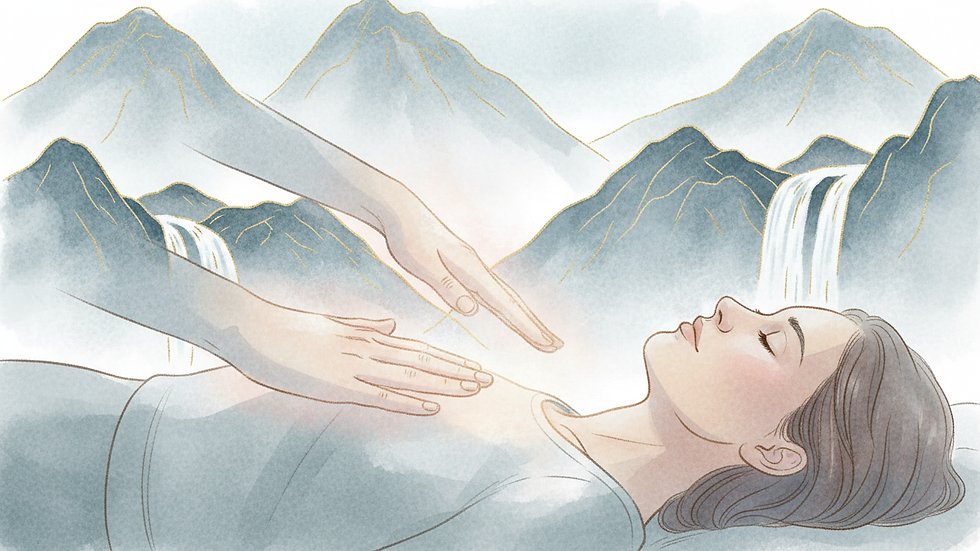 Close-up view of hands performing Reiki healing on a person