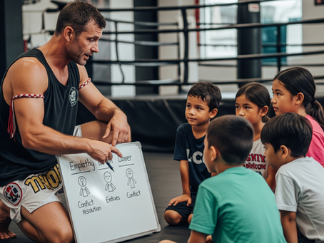 Martial arts coach guiding children on handling bullying and developing self-control in a supportive environment.