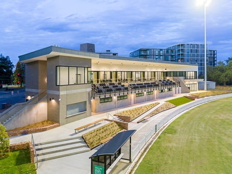Brick Inlay facade, using Ash Grey Brick tiles, at Toorak Park Pavillion, Armadale