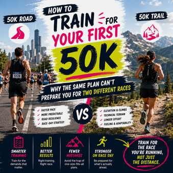 two runners in a city and on a mountain trail with text "training for your first 50K"