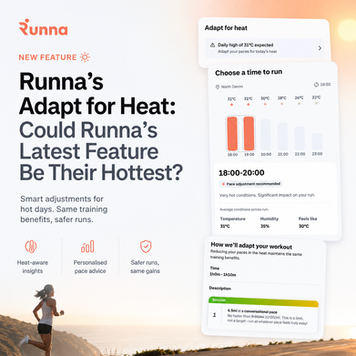Runna Adapt for Heat screen showing pace adjusted from 9:30 to 9:55 per mile on a hot day, heat adaptive training