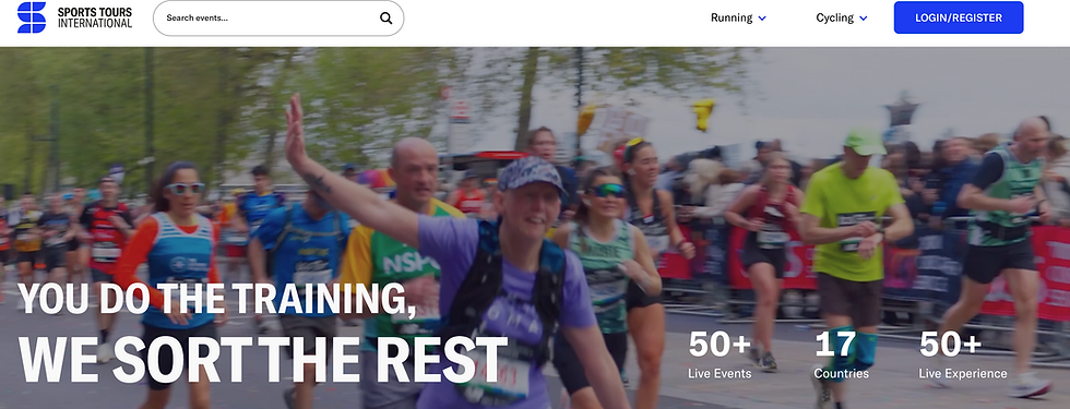 Runners in vibrant attire race outdoors, with trees in the background. Text: "You do the training, we sort the rest. 50+ live events, 17 countries."