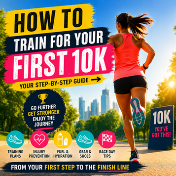 women running wearing an orange top with a city skyline ahead and text 'training for your first 10k'