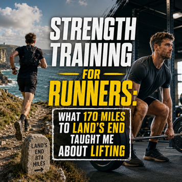 Runner and man in gym lifting weights with text "strength training for runners"
