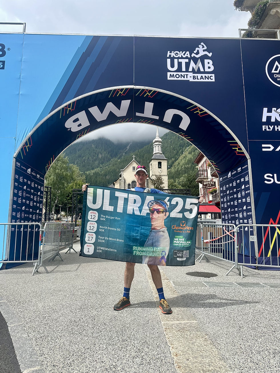 Runner holding "ULTRA 25" banner at UTMB Mont-Blanc finish line. Church and mountains in the background. Blue and vibrant colors.
