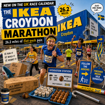 Runners in a Ikea store with text "Ikea Marathon"