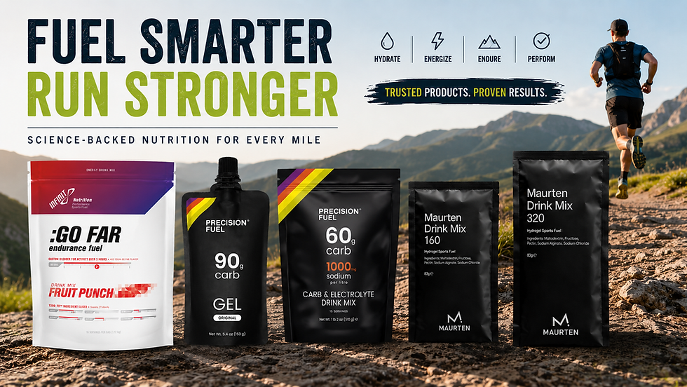 Trail running nutrition ad with product pouches; runner in mountains and text: Fuel Smarter Run Stronger.