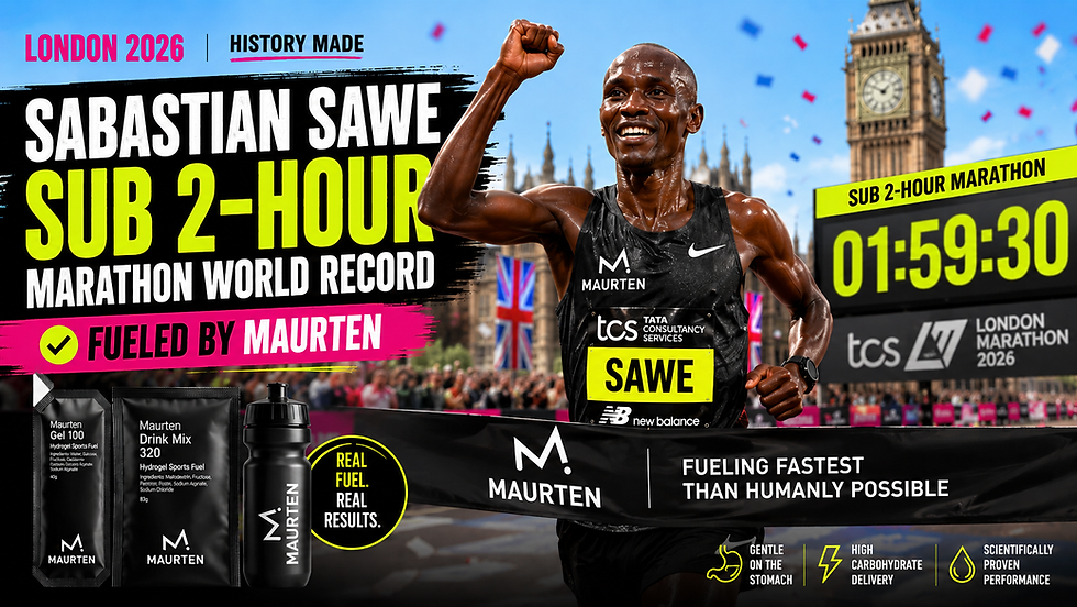 London Marathon poster of runner Sabastian Sawe celebrating in front of Big Ben, with text: Sub 2-Hour Marathon World Record.