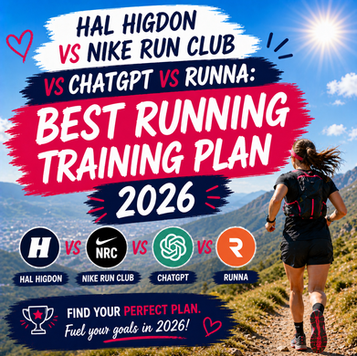 A vibrant, motivational blog graphic set on a sunny mountain trail, showing a runner from behind wearing a hydration pack and running uphill. Bold brushstroke-style text reads “Hal Higdon vs Nike Run Club vs ChatGPT vs Runna: Best Running Training Plan 2026,” with logos/icons for each option displayed beneath. A large “FAQ” label appears prominently, alongside the phrase “Your questions. Our answers.” The design uses bright blue skies, sunshine, and energetic red, white, and navy typography to create a dynamic, inspiring running theme.